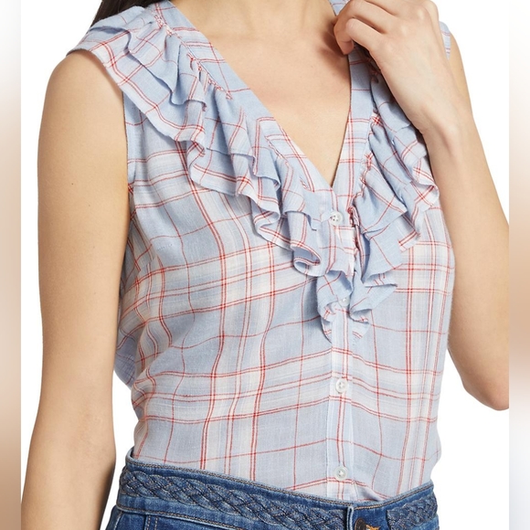 Veronica Beard NWT Size XS Leina Shirt in Vapor Multi, Sleeveless Ruffles Linen - Picture 3 of 14